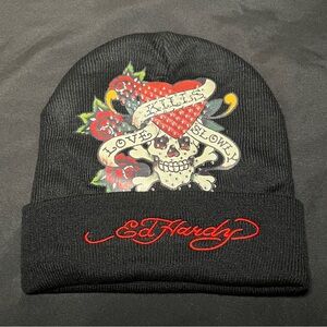 Ed Hardy Love Kills Slowly Beanie Black With Rhinestones - One Size